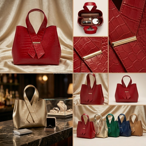 Sac à main de luxe à texture <span class=keywords><strong>croco</strong></span> avec poignée ruban rouge, pochette de soirée, accent doré, trousse de maquillage pour produits de beauté, cadeau personnalisé avec logo GWP - Product Image 3