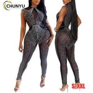 Kadın seksi kolsuz O boyun Mesh Patchwork See-Through Rhinestones Bodycon tulum gece akşam parti tulum Clubwear