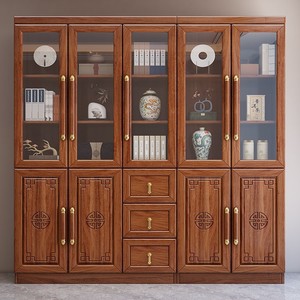 Chinese Style Walnut <b>Solid</b> <b>Wood</b> <b>Bookcase</b> With Glass Doors Storage Cabinet For Home Office Library - Product Image 1