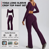 Ensemble de vêtements de yoga pour femmes personnalisé, 2 pièces, haut court à manches longues dos nu, leggings évasés taille haute, tenue de sport d'été pour la course à pied et la remise en forme