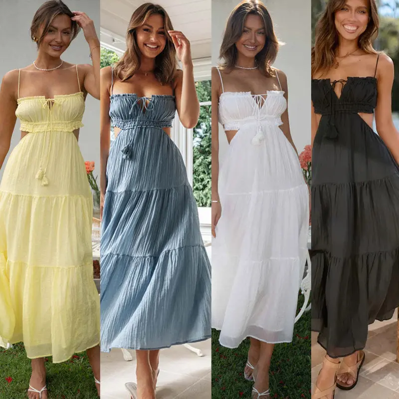 Voan ngọt ngào sundress bãi biển Đảng phụ nữ giản dị ăn mặc dây đeo backless băng dài flowy mùa hè Ăn mặc