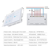 Interruptor de Pared Inteligente WiFi Tuya de 4 Canales para Control de Iluminación y Ventilador con Alexa, Control por Voz, Funciones Programables, Corriente Máxima 10A, Smart Life