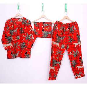 Conjunto de Pijama de 2 Piezas para Mujer, Estampado a Mano, 100% Algodón Satinado, Transpirable, Cintura Elástica, Estilo Casual, Floral, Otoñal, ODM - Product Image 1