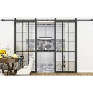 Porte de grange double coulissante en aluminium noir, cadre en acier inoxydable, style français,