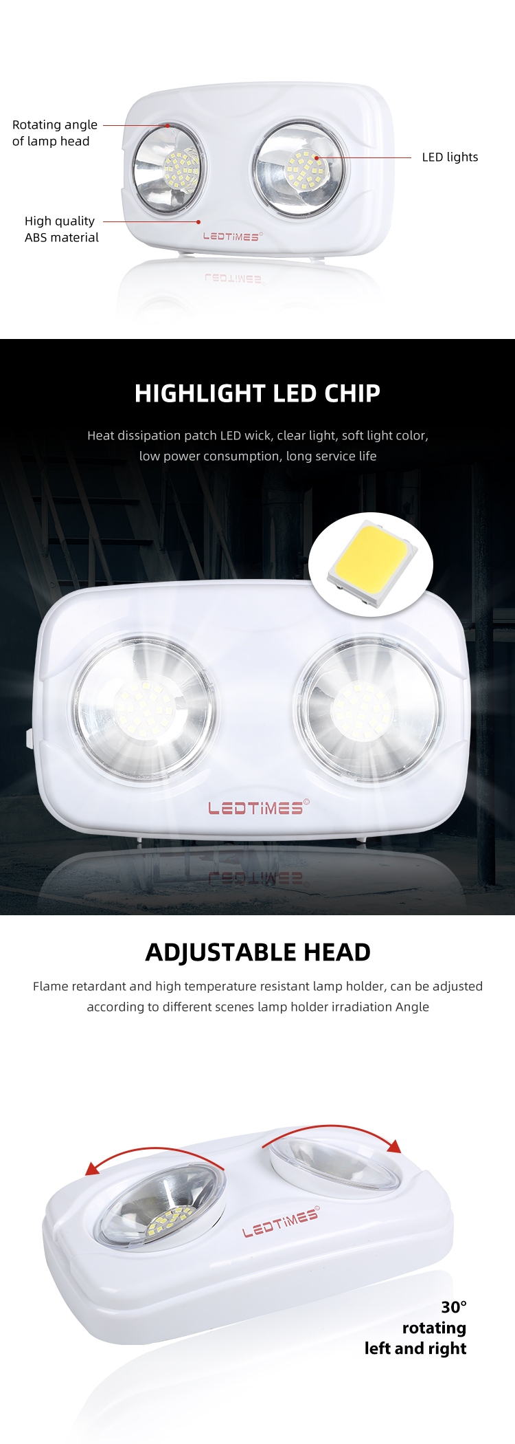 Wall Mounted Adjustable Double Heads Indoor Supermarket 0.2w Rechargeable Led Emergency Light