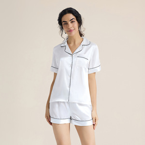Women's Summer Short Sleeve Pajama Set White Solid Color Cotton <b>Blend</b> Loungewear Home Hotel Wear Thin Fabric Poplin Material - Product Image 1