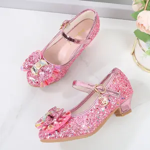 Прямая поставка, детская обувь принцессы Эльзы, блестящие туфли с блестками на каблуке для девочек, праздничная обувь с кристаллами