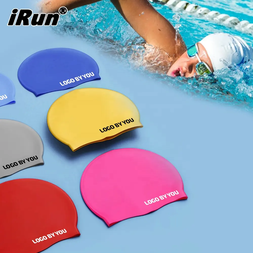 IRun कस्टम व्यक्तिगत प्रिंट लोगो तैराकी टोपी उच्च लोचदार टिकाऊ लचीला गैर Silp सिलिकॉन ट्रायथलॉन खेल तैरना कैप्स