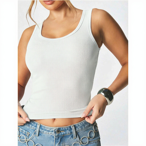 <b>Women's</b> <b>White</b> Ribbed Knitted Scoop Neck Tank <b>Top</b> Casual Breathable Short Length Solid Color Sleeveless <b>Top</b> - Product Image 2