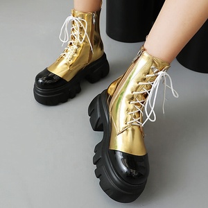 Bottes courtes pour femmes à semelles épaisses taille 44, plateformes hautes avec bottines à lacets, patchwork de couleurs - Product Image 2