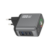 Chargeur mural GaN 100W avec prise EU, charge rapide PD, 2 ports Type-C, 1 port USB-A, avec écran numérique intelligent TFT, adaptateur pour tablette, ordinateur portable, téléphone
