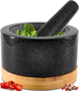 Juego de Mortero y Pilón de Alta Resistencia con Base de Bambú, Molinillo de <span class=keywords><strong>Piedra</strong></span> de Granito 100% Natural, Tazón y Pilón para Guacamole, 2 Tazas, Negro - Product Image 4