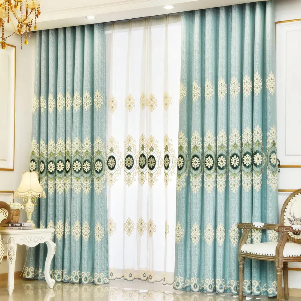 Elegant Designed Flower Embroidery Blackout Curtains for Living Room Bedroom Grommet Window Drape Blue cortinas