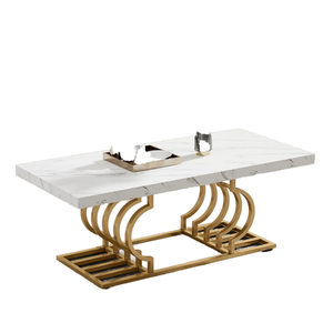 Mesa de Centro de Diseño de Lujo, Ecológica, Moderna, con Tapa de Mármol Sintético Blanco Dorado, Base Geométrica de Metal Dorado, Muebles para Sala de Estar - Product Image 1