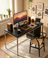 Bureau d'ordinateur industriel moderne avec armoire à 3 tiroirs, plateau en bois noir, structure en métal brossé, pieds ouverts, portable pour bureau à domicile