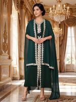 Abaya ouverte deux pièces en polyester avec dentelle, col en V, longueur cheville, robe modeste élégante en mousseline, tenue musulmane pour mariage, fête, Aïd, adultes