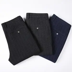 2022 New Men Business Stripe Pants Mid Waist Pants Casual Straight E Long Trousers