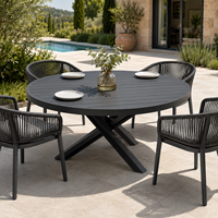 Mesa de Comedor Redonda de Aluminio para Exteriores, con Base Cruzada y Tablero de Aluminio con Rejillas en Negro Mate, para Patio o Jardín