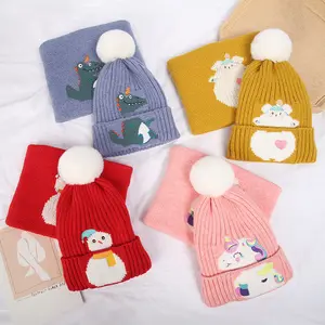 Wholesale Winter Crochet Cashmere Child Dinosaur Snowman Pom Pom Cute Skullies Beanies Skull Cap Hat And Scarf Set For Kids