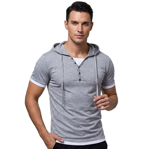 T-shirt à manches courtes gris pour homme, coupe slim, bordure contrastée, tricoté, couleur unie, collection de t-shirts décontractés en provenance du Bangladesh - Product Image 2