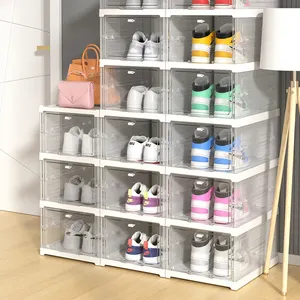 Kotak sepatu Display lipat, lemari dapat ditumpuk transparan plastik bening akrilik dapat dilipat pengatur sepatu penyimpanan kotak rak untuk sepatu