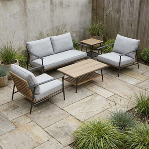 Conjunto de Sofás de Jardín de 5 Piezas con Estructura Metálica Moderna, Mesa con Aspecto de Teca, Sofá de <span class=keywords><strong>2</strong></span> <span class=keywords><strong>Plazas</strong></span>, <span class=keywords><strong>2</strong></span> Sillas Individuales, Resistente a la Intemperie - Product Image 3