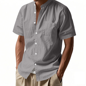 <span class=keywords><strong>Chemise</strong></span> d'été décontractée pour homme en lin, coupe ample, couleur unie, col montant, manches courtes, idéale pour la plage - Product Image 5