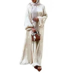 Eid Djellaba Abaya Dubai Glänzende weiche Puff ärmel Muslimische Frauen Kleid Satin Abaya Dubai Türkei Kleider Islam Abayas Mit Hijab