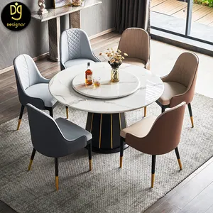 DG0211Foshan Meubels Fabrikanten Kleine Moderne Voetstuk Metalen Zwart En Goud Benen Witte Diner Eettafel Set Voor 10 Seat