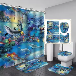 Fish Shower Curtain 72x72 Ocean Geometric Blue Fish Shower Curtain  Polyester Fabric Bathroom Decor, with Hooks 