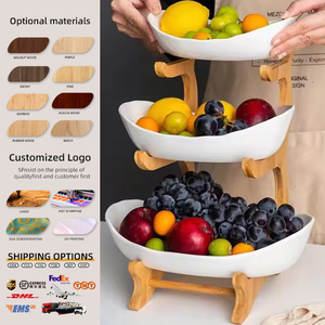 Cestino per Frutta a 3 Livelli in Legno di Bambù, Stile Europeo, Grande Capacità, Ciotola in Ceramica, Contenitore per Alimenti da Cucina - Product Image 1