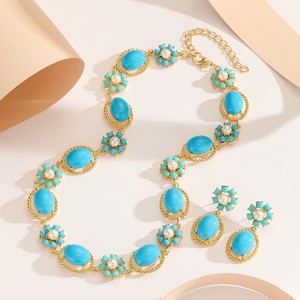 2026 Fashion Western Boho Plated True Gold Verified Flower India Wedding Necklace Turquoise Stone <strong>Pearl</strong> Jewelry <strong>Set</strong> for Women - Product Image 2