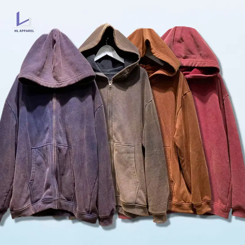 HL manufacturer custom unisex heavyweight vintage zip up hooded jacket wholesale men thick fleece acid retro stone wash hoodie