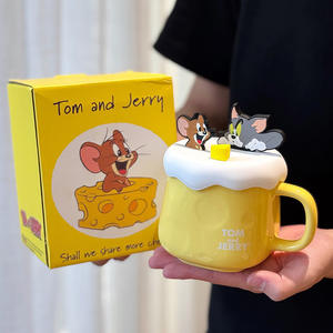 Tom And Jerry Ceramic <b>Mug</b> Light Yellow With Lid And Handle Cartoon Design For Presents - Product Image 4