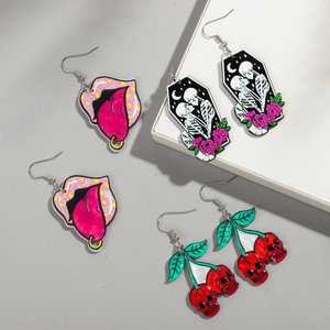 Nuevo diseñador <span class=keywords><strong>de</strong></span> moda resina Halloween pendiente esqueleto Rosa labio uñas Rosa <span class=keywords><strong>boca</strong></span> rojo cereza calavera acrílico gota pendientes para mujer - Product Image 1