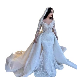 Abiti da Sposa Lusso Personalizzati Stile Sirena con Strascico Staccabile, Romantici in Pizzo a Maniche Lunghe per Vestiti da Sposa - Product Image 3