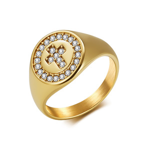 Unisex <b>Titanium</b> Steel Cross <b>Ring</b> Gold Plated Diamond Encrusted Geometric Design Gift Jewelry - Product Image 5