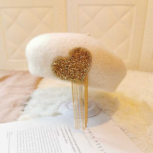 Béret Cœur en Strass à Pompom pour Femme, Béret de Peintre Rétro en Laine, Béret Haut de Gamme en Peluche Scintillant avec Cœur et Diamants - Product Image 4