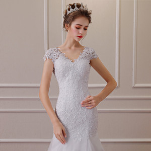 <b>White</b> Backless <b>Lace</b> Mermaid Wedding Dress V-Neck Short Sleeve Wedding Gown Bride Dress Robe De Mariage - Product Image 4