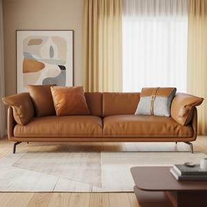Sofá de Cuero Italiano Moderno de Lujo Ligero, Sofá de 3 Plazas <span class=keywords><strong>Relleno</strong></span> de Plumón con Cuero de Primera Capa para Sala de Estar Nórdica - Product Image 6