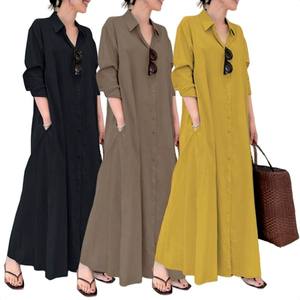 Robe longue décontractée unie pour femme H-450, style abaya musulmane, à col à revers, boutonnage simple, poches, manches longues, coupe ample - Product Image 1