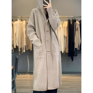Guoou Inner Mongolia Wool Mid <strong>Long</strong> Cashmere Sweater Cable <strong>Cardigan</strong> <strong>Hooded</strong> <strong>Cardigan</strong> <strong>Women</strong> - Product Image 1