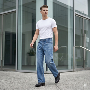 Jean droit en denim de coton biologique de haute qualité 2026, écologique, vintage, grande taille, délavage moyen, pour homme - Product Image 1