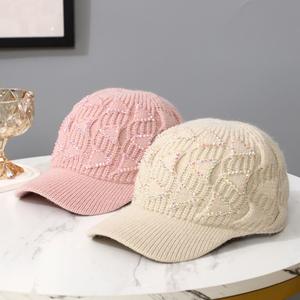 Gorra de Béisbol Tejida de 6 Paneles para Mujer, Otoño Invierno, Poliéster/Algodón, Diseño Triangular con Pedrería, Moderna, Cálida, Gris Blanco - Product Image 2