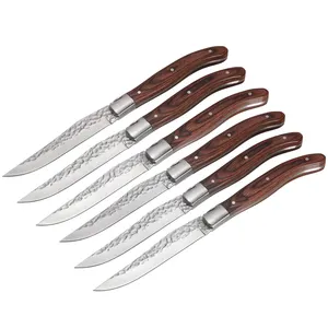 New Innovative Technology Hammered Dots Treatment Non-stick Blade Steak Knife With Red Pakka Wood Handle