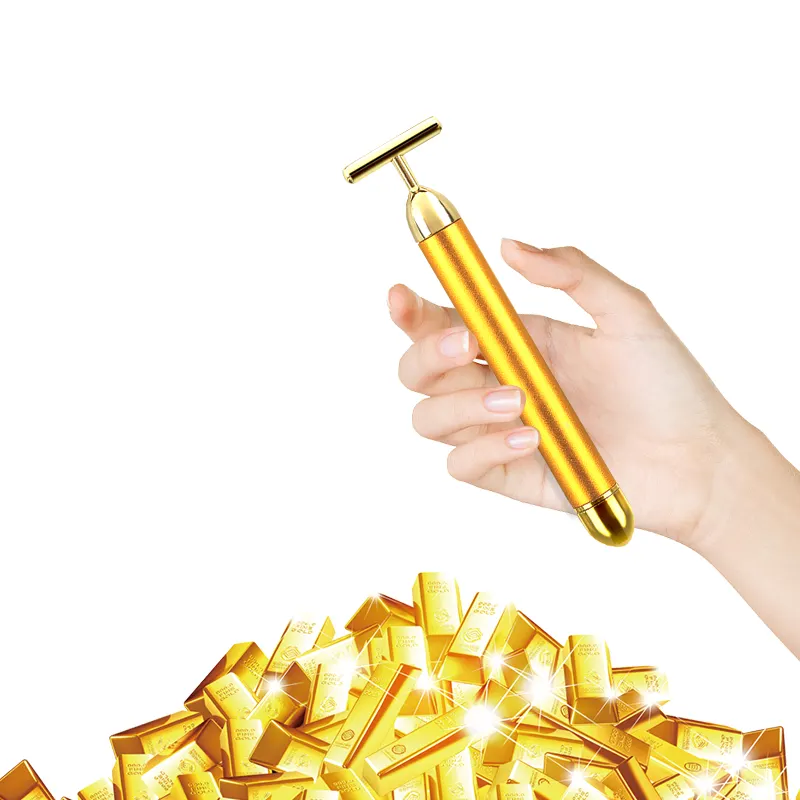 OEM Nano Energy Beauty Bar 24k Gold Vibrating Pulse Facial Massager Electric Golden Firming Skin Care V Face T Shape Vibrator