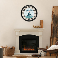 Horloge murale en fer forgé, design voilier, cadran en bois imprimé UV, décoration nautique pour maison de bord de mer ou de lac, cadeau