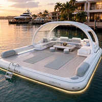 Plateforme aquatique gonflable commerciale avec dôme arqué, toit solaire, plancher en bois et sièges rembourrés pour projet de tourisme de luxe côtier