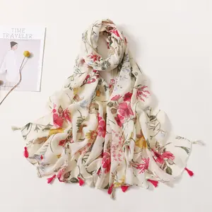 Factory 2022 custom latest design long scarves shawls fashion women beige floral printed tassels scarf cotton flower hijabs