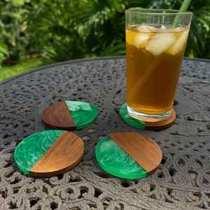 Stylish Natural Resin Wooden Coaster Set For Living Room Kitchen Dining Or Office <b>Desk</b> Protecting Surfaces From Heat Moisture - Product Image 3
